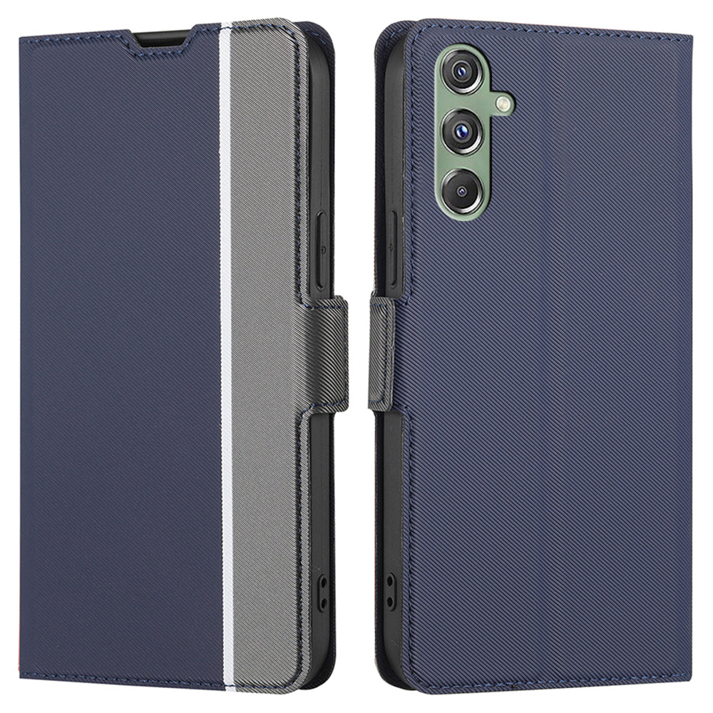 For Samsung Galaxy M34 5G / F34 5G Case Stand Anti-Scratch PU Leather Twill Texture Phone Cover Card Holder Shell - Blue