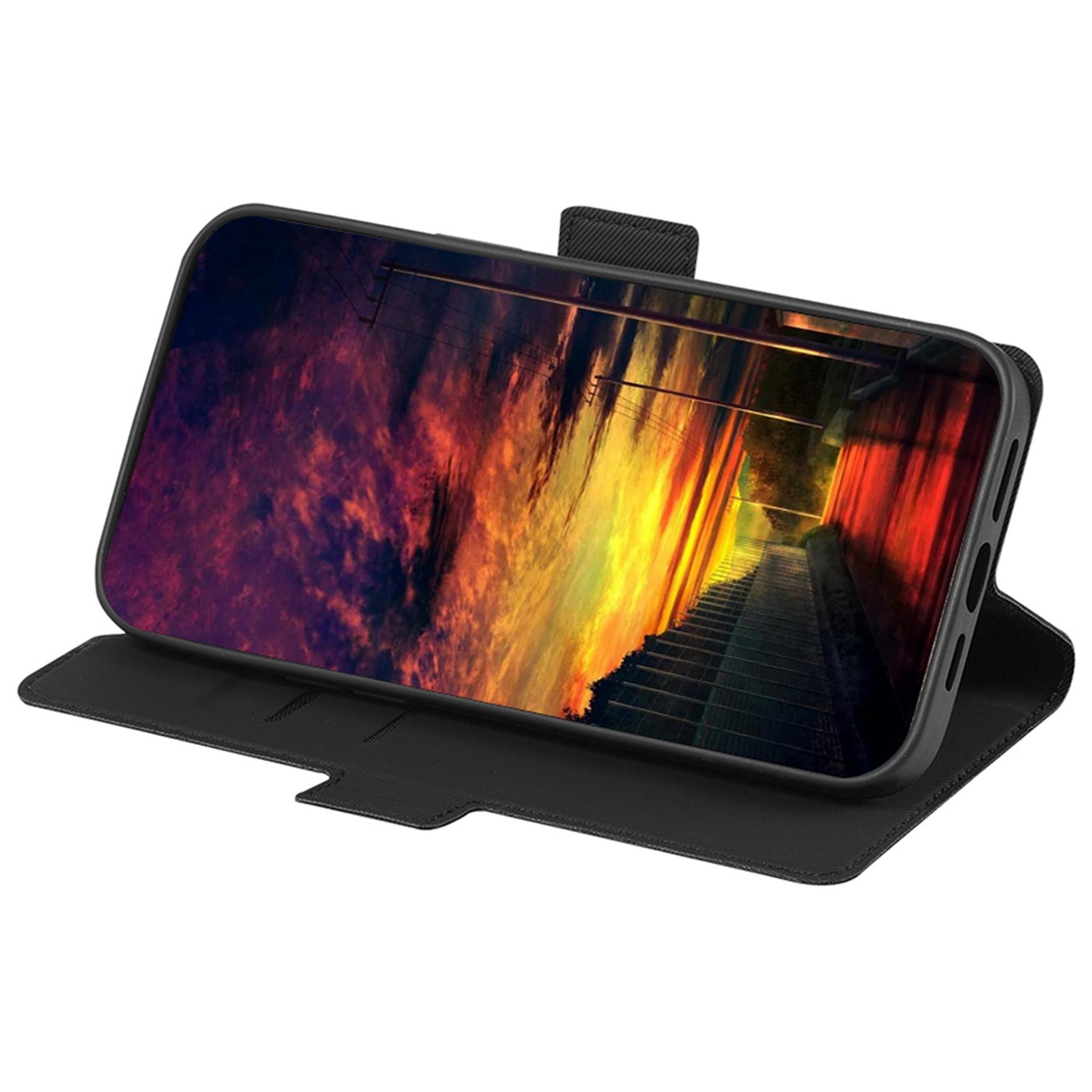 For Samsung Galaxy M34 5G / F34 5G Case Stand Anti-Scratch PU Leather Twill Texture Phone Cover Card Holder Shell - Black