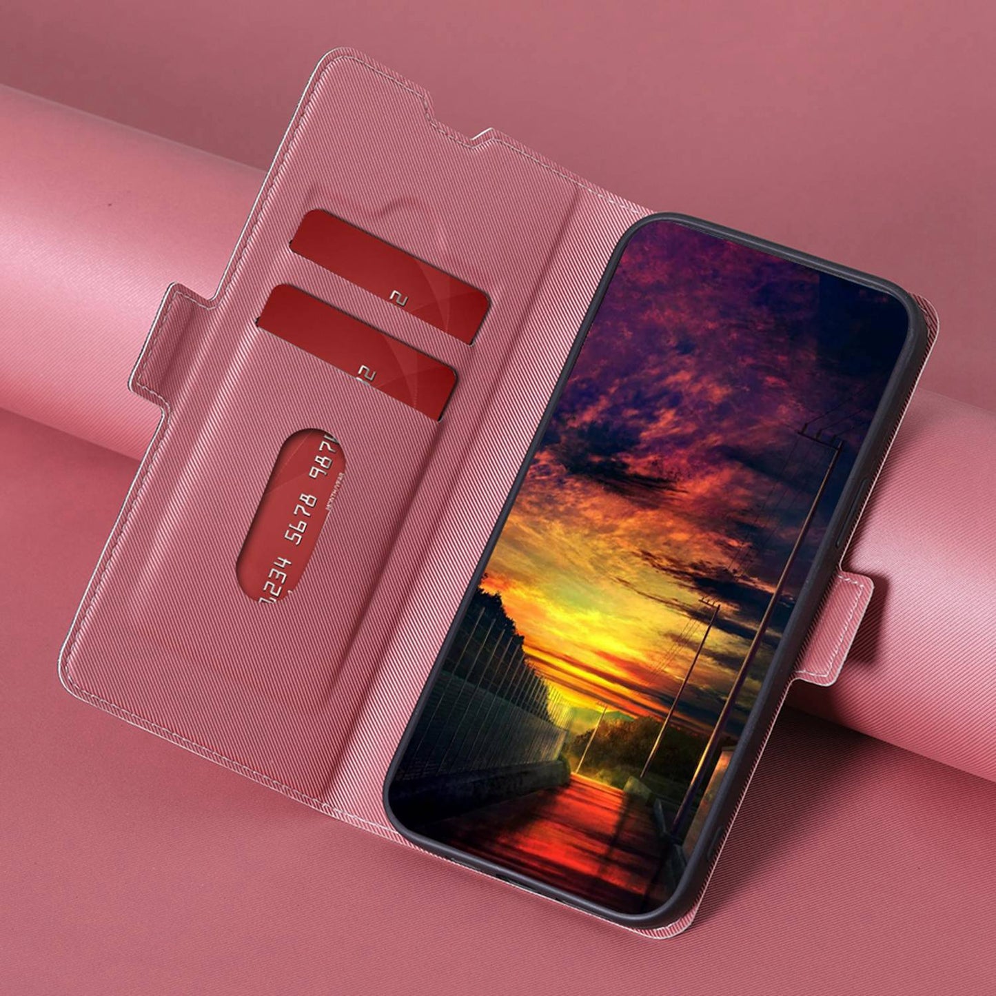 For Samsung Galaxy M34 5G / F34 5G Case Stand Anti-Scratch PU Leather Twill Texture Phone Cover Card Holder Shell - Pink