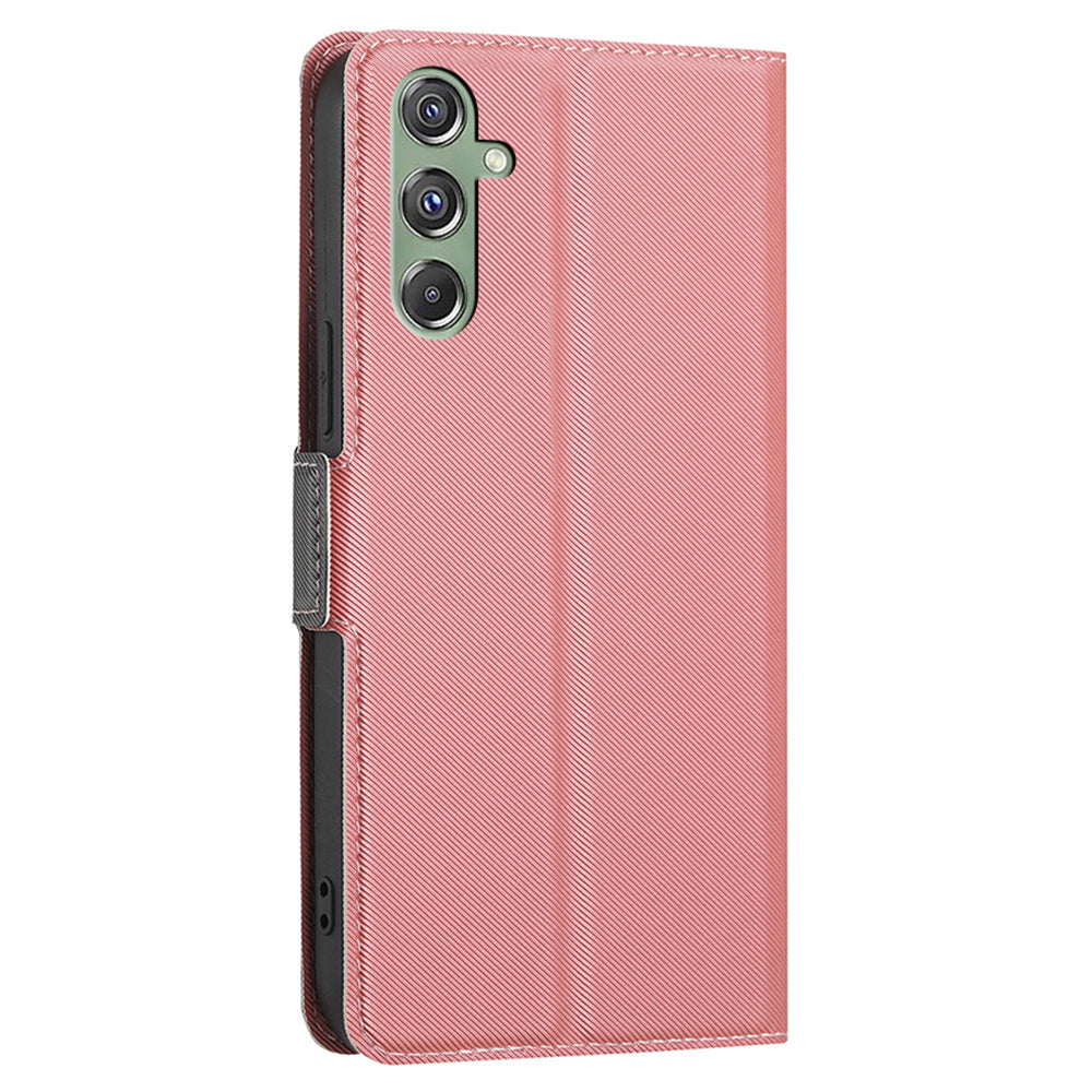 For Samsung Galaxy M34 5G / F34 5G Case Stand Anti-Scratch PU Leather Twill Texture Phone Cover Card Holder Shell - Pink