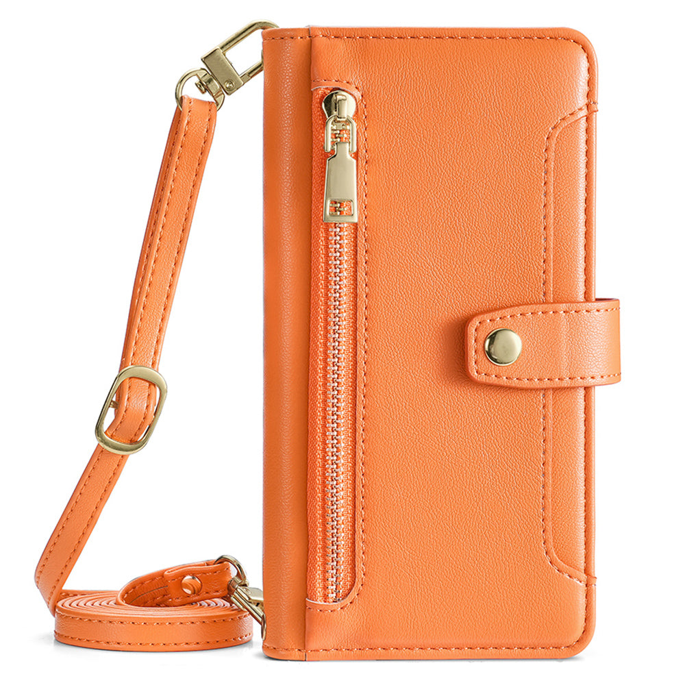 For Samsung Galaxy M34 5G / F34 5G Case Zipper Wallet Leather Anti-drop Phone Cover with 2 Straps - Orange