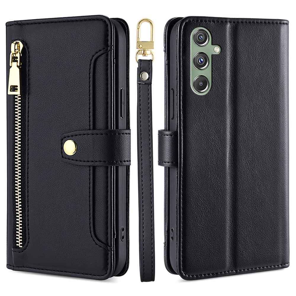 For Samsung Galaxy M34 5G / F34 5G Case Zipper Wallet Leather Anti-drop Phone Cover with 2 Straps - Black