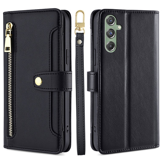 For Samsung Galaxy M34 5G / F34 5G Case Zipper Wallet Leather Anti-drop Phone Cover with 2 Straps - Black
