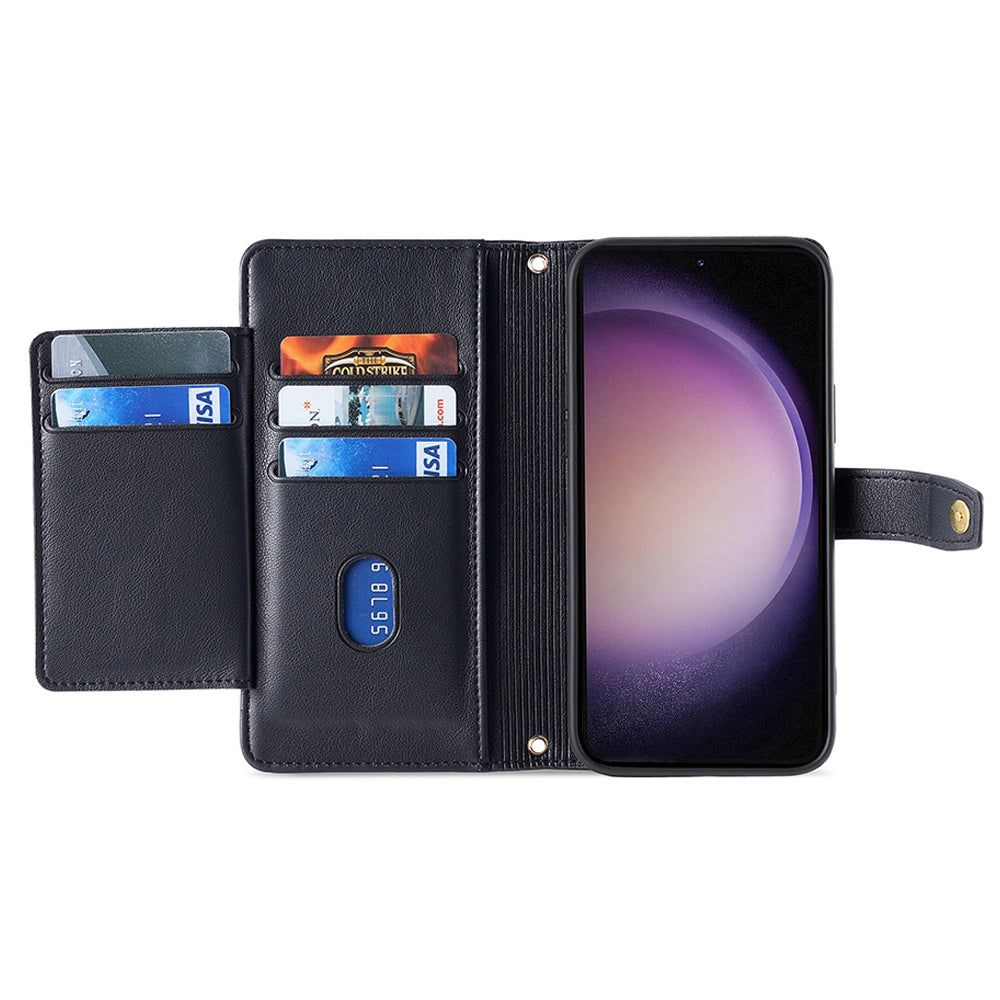 For Samsung Galaxy M34 5G / F34 5G Case Zipper Wallet Leather Anti-drop Phone Cover with 2 Straps - Black
