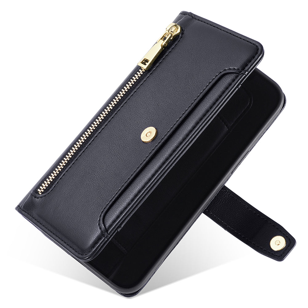 For Samsung Galaxy M34 5G / F34 5G Case Zipper Wallet Leather Anti-drop Phone Cover with 2 Straps - Black