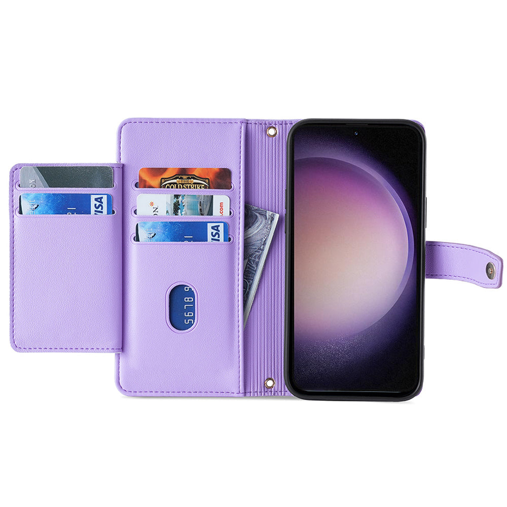 For Samsung Galaxy M34 5G / F34 5G Case Zipper Wallet Leather Anti-drop Phone Cover with 2 Straps - Purple