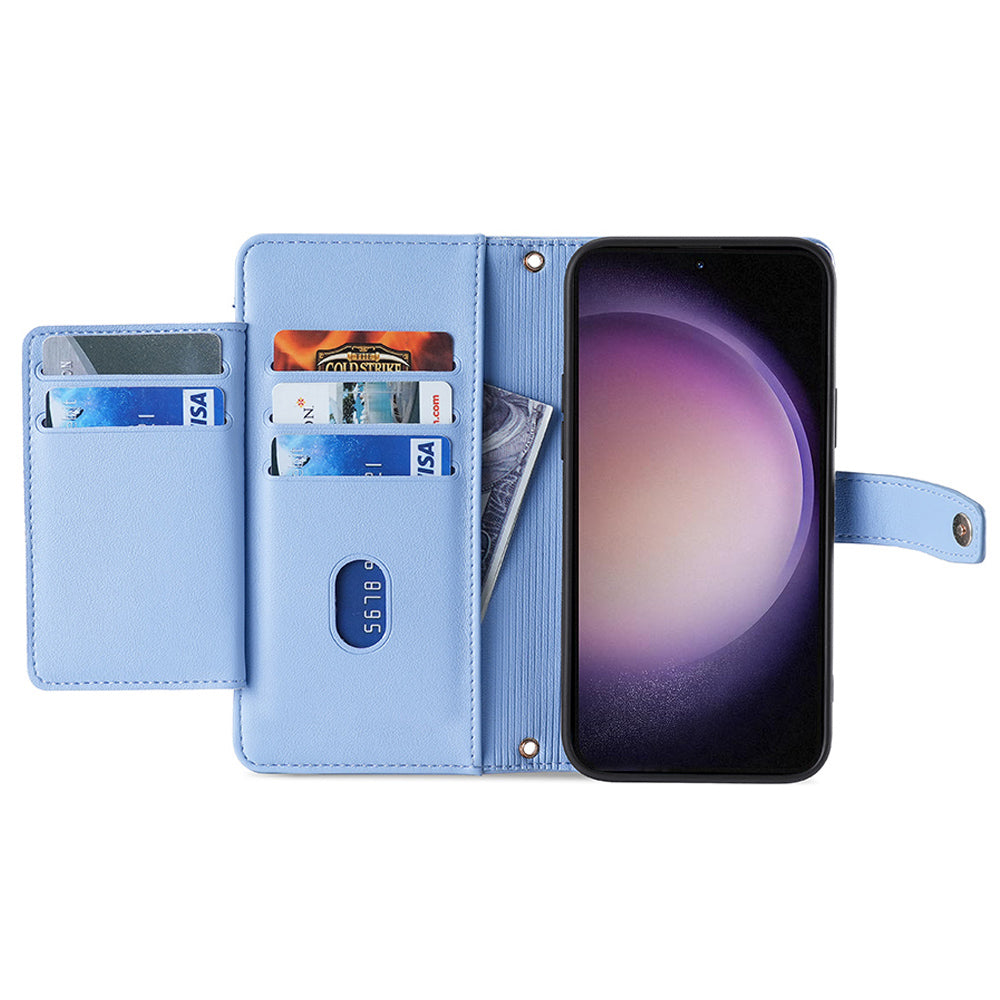 For Samsung Galaxy M34 5G / F34 5G Case Zipper Wallet Leather Anti-drop Phone Cover with 2 Straps - Blue