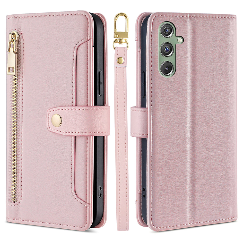 For Samsung Galaxy M34 5G / F34 5G Case Zipper Wallet Leather Anti-drop Phone Cover with 2 Straps - Pink