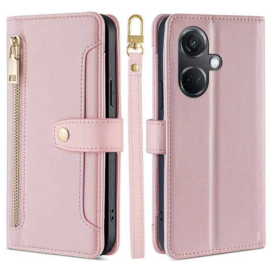 For OnePlus Nord CE3 5G Case PU Leather Wallet Stand Cellphone Cover with 2 Straps - Pink