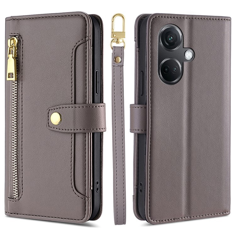 For OnePlus Nord CE3 5G Case PU Leather Wallet Stand Cellphone Cover with 2 Straps - Grey