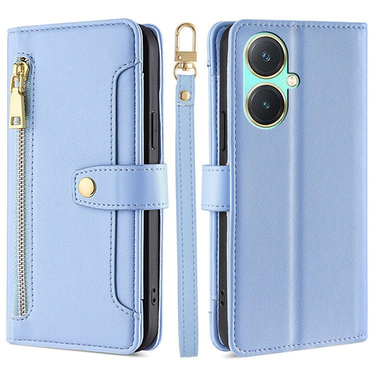 For vivo Y27 4G Case Leather Wallet Stand Magnetic Clasp Phone Cover with 2 Straps - Blue