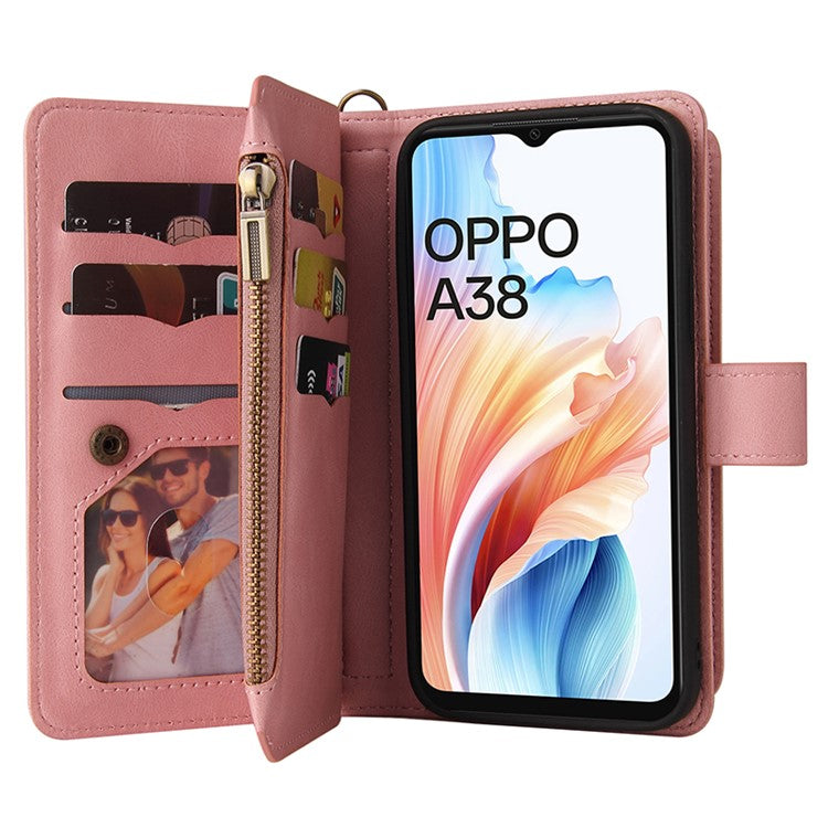 KT Multi-Functional Series-2 For Oppo A38 4G Case Multiple Card Slots Zipper Leather Phone Cover - Pink