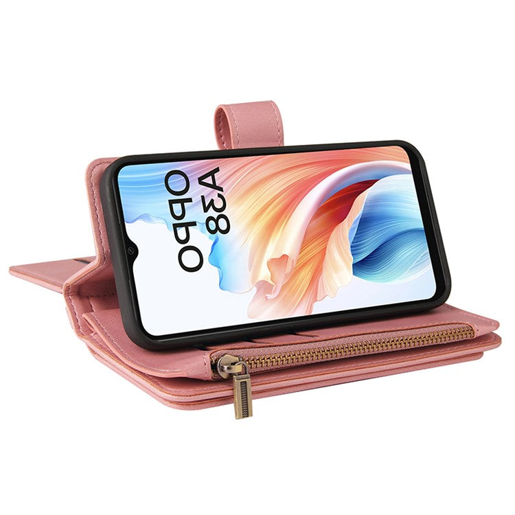 KT Multi-Functional Series-2 For Oppo A38 4G Case Multiple Card Slots Zipper Leather Phone Cover - Pink