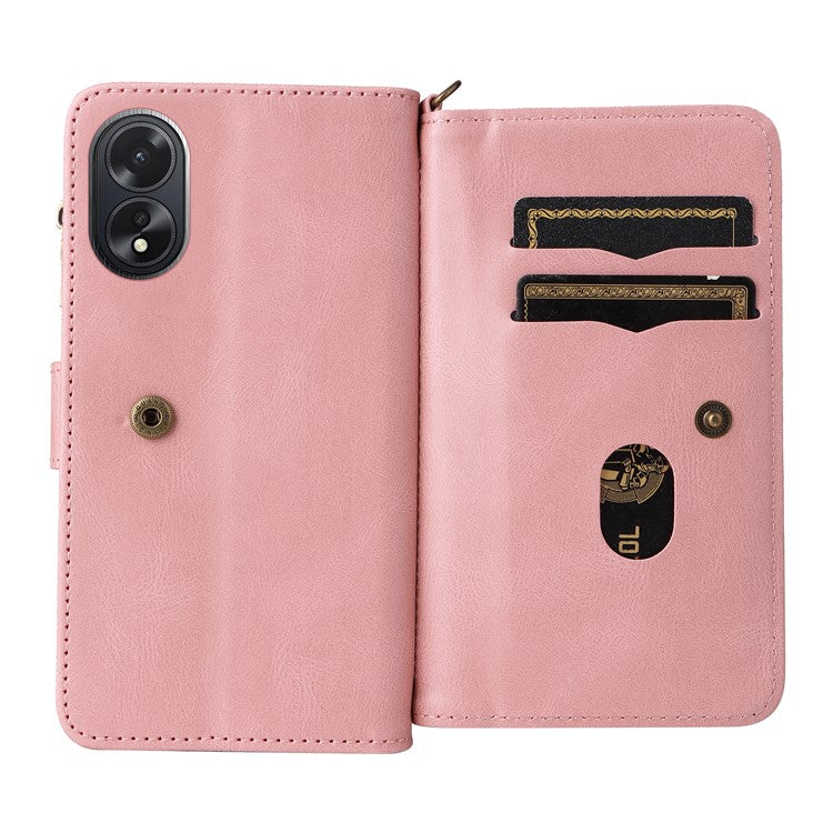 KT Multi-Functional Series-2 For Oppo A38 4G Case Multiple Card Slots Zipper Leather Phone Cover - Pink