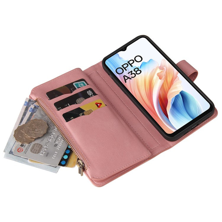 KT Multi-Functional Series-2 For Oppo A38 4G Case Multiple Card Slots Zipper Leather Phone Cover - Pink
