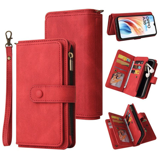 KT Multi-Functional Series-2 For Oppo A38 4G Case Multiple Card Slots Zipper Leather Phone Cover - Red