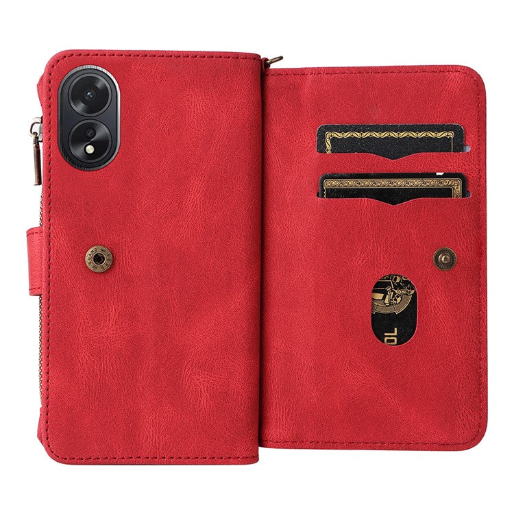 KT Multi-Functional Series-2 For Oppo A38 4G Case Multiple Card Slots Zipper Leather Phone Cover - Red
