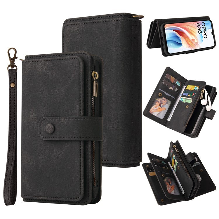 KT Multi-Functional Series-2 For Oppo A38 4G Case Multiple Card Slots Zipper Leather Phone Cover - Black