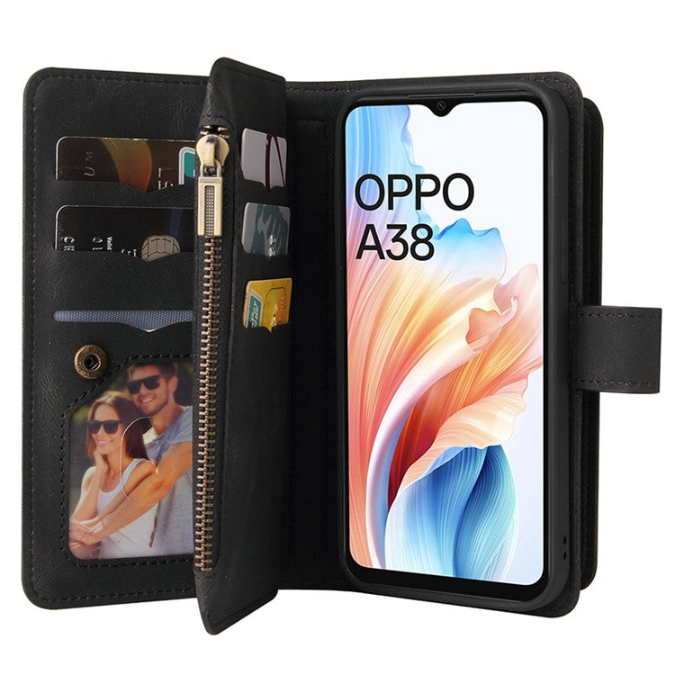 KT Multi-Functional Series-2 For Oppo A38 4G Case Multiple Card Slots Zipper Leather Phone Cover - Black