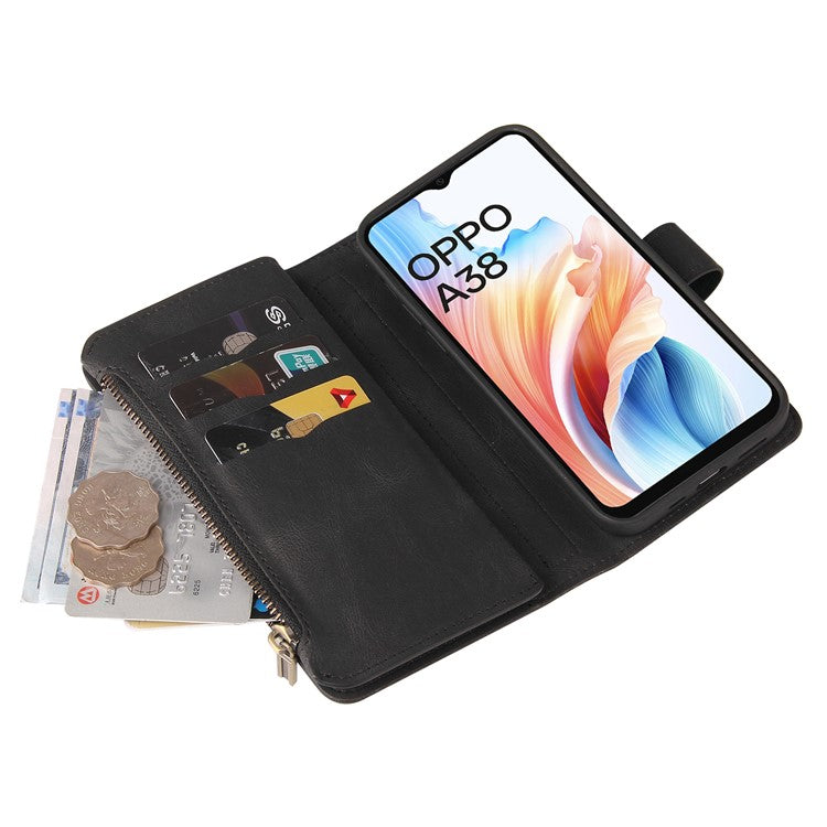 KT Multi-Functional Series-2 For Oppo A38 4G Case Multiple Card Slots Zipper Leather Phone Cover - Black