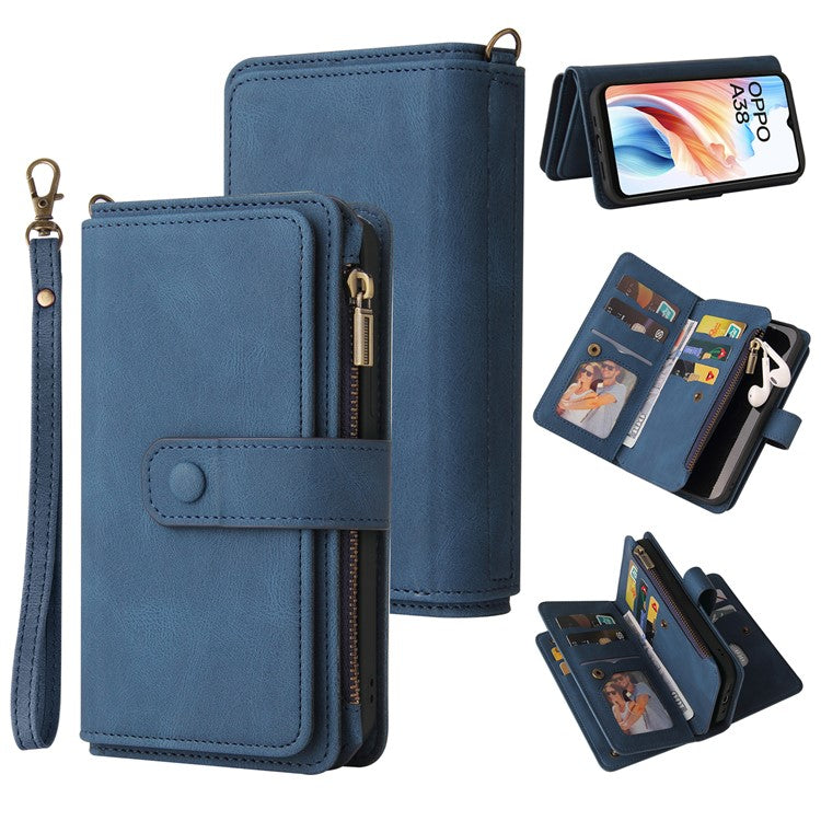 KT Multi-Functional Series-2 For Oppo A38 4G Case Multiple Card Slots Zipper Leather Phone Cover - Blue