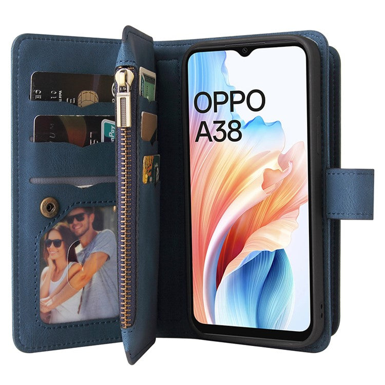 KT Multi-Functional Series-2 For Oppo A38 4G Case Multiple Card Slots Zipper Leather Phone Cover - Blue