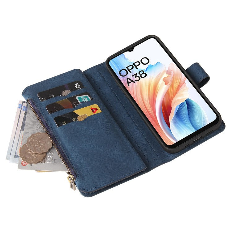 KT Multi-Functional Series-2 For Oppo A38 4G Case Multiple Card Slots Zipper Leather Phone Cover - Blue