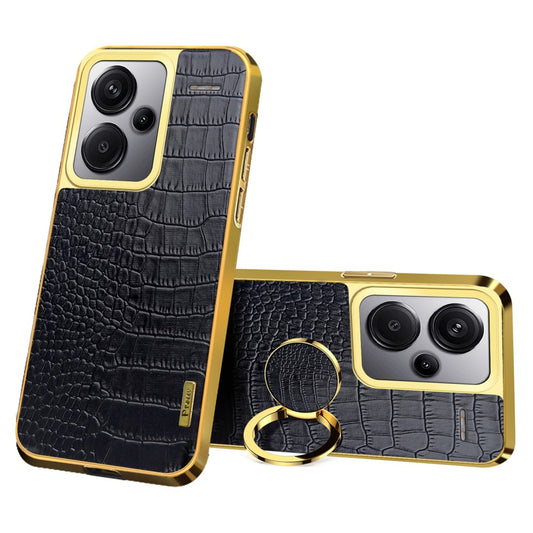 For Xiaomi Redmi Note 13 Pro+ 5G Case Leather+TPU Crocodile Texture Ring Kickstand Phone Back Shell - Black