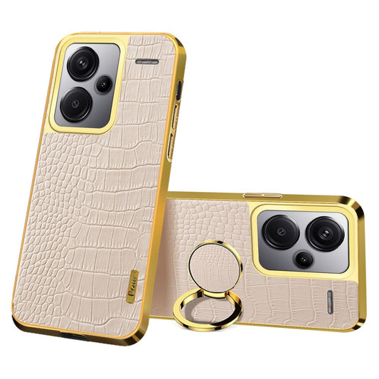 For Xiaomi Redmi Note 13 Pro+ 5G Case Leather+TPU Crocodile Texture Ring Kickstand Phone Back Shell - White