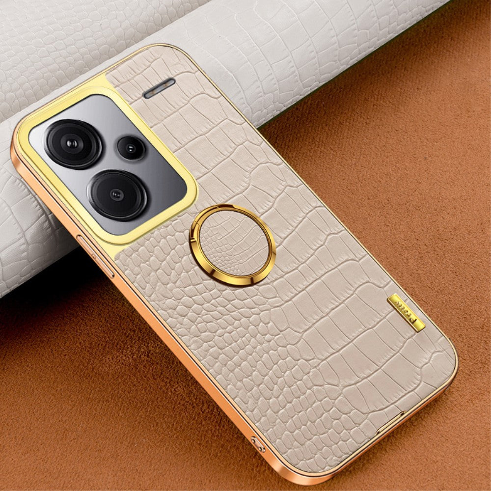 For Xiaomi Redmi Note 13 Pro+ 5G Case Leather+TPU Crocodile Texture Ring Kickstand Phone Back Shell - White