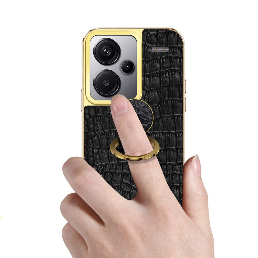 For Xiaomi Redmi Note 13 Pro+ 5G Case Leather+TPU Crocodile Texture Ring Kickstand Phone Back Shell - White