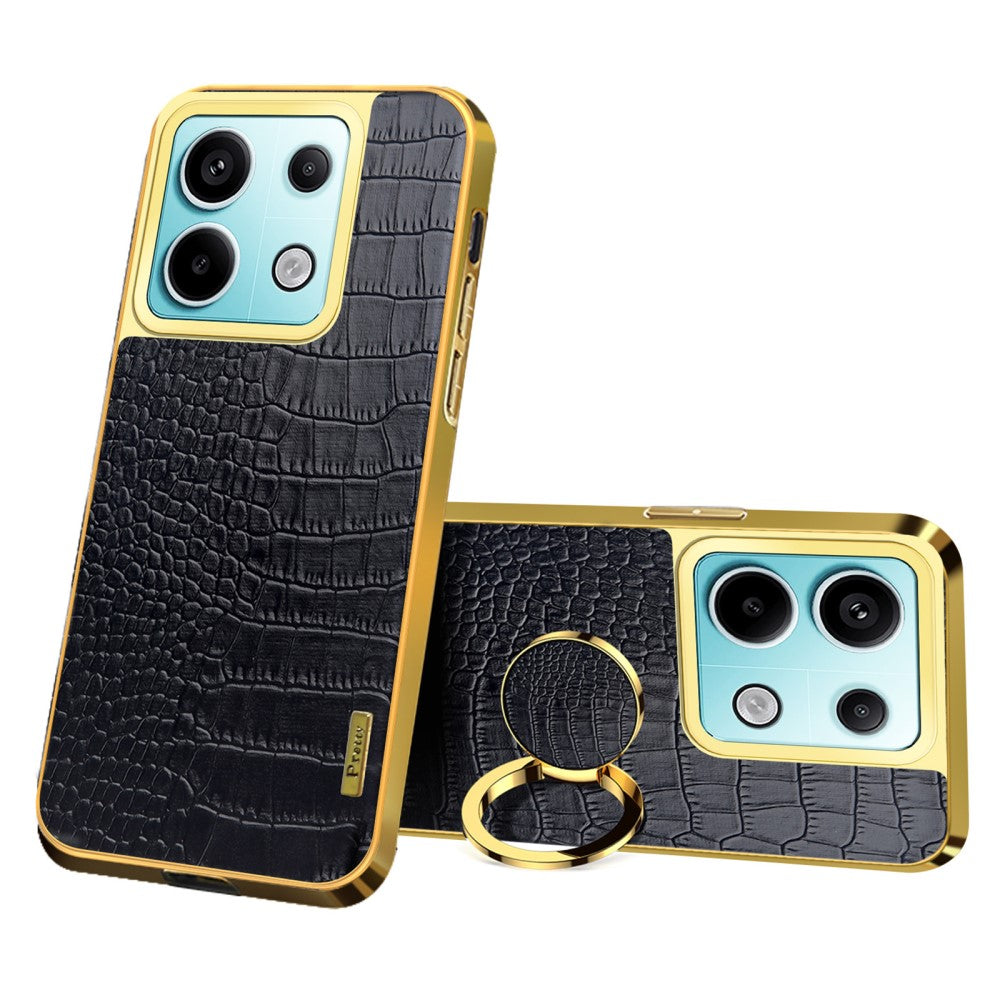 For Xiaomi Redmi Note 13 Pro 5G / Poco X6 5G Case Crocodile Texture Leather+TPU Ring Kickstand Phone Cover - Black