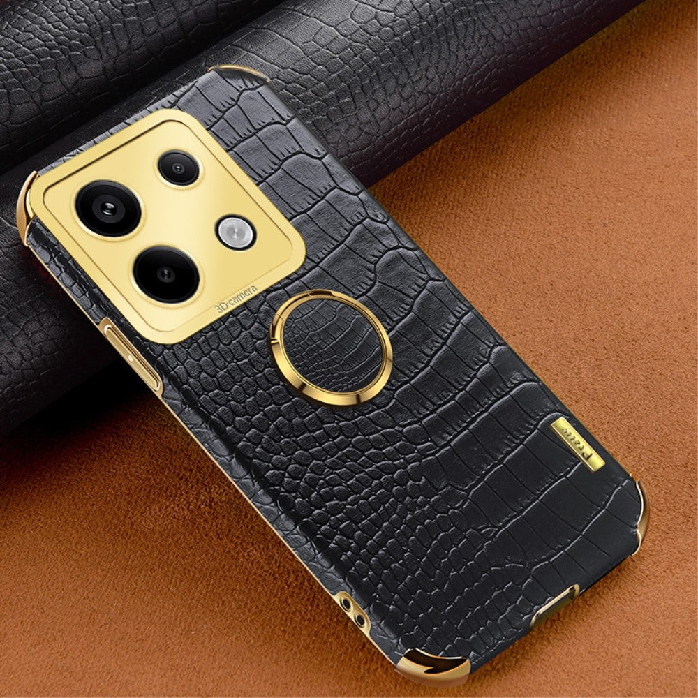 For Xiaomi Redmi Note 13 Pro 5G / Poco X6 5G Case Crocodile Texture Leather+TPU Ring Kickstand Phone Cover - Black