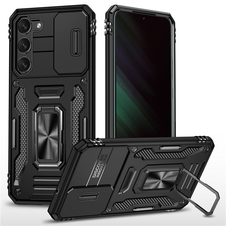 Armor Series For Samsung Galaxy S25 / S24 Case PC+TPU Shockproof Kickstand Smart Phone Back Protector with Slide Lens Lid - Black