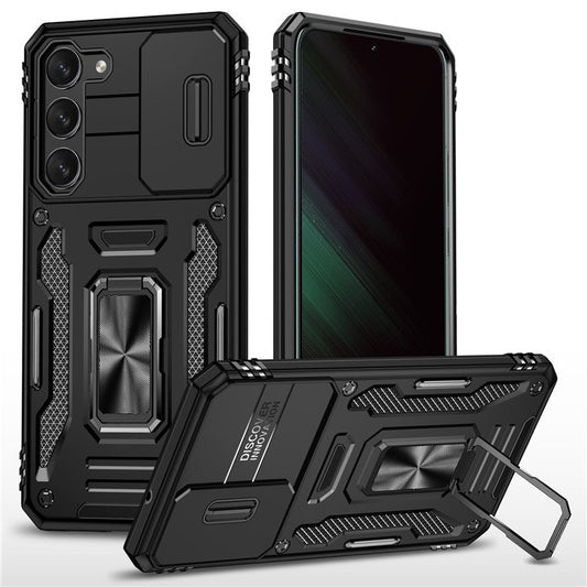 Armor Series For Samsung Galaxy S25 / S24 Case PC+TPU Shockproof Kickstand Smart Phone Back Protector with Slide Lens Lid - Black