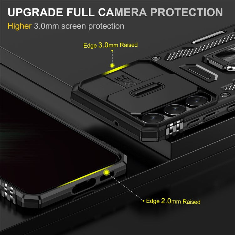 Armor Series For Samsung Galaxy S25 / S24 Case PC+TPU Shockproof Kickstand Smart Phone Back Protector with Slide Lens Lid - Black