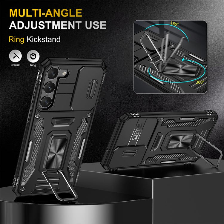 Armor Series For Samsung Galaxy S25 / S24 Case PC+TPU Shockproof Kickstand Smart Phone Back Protector with Slide Lens Lid - Black