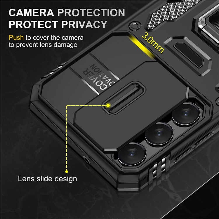 Armor Series For Samsung Galaxy S25 / S24 Case PC+TPU Shockproof Kickstand Smart Phone Back Protector with Slide Lens Lid - Black