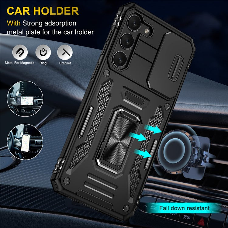 Armor Series For Samsung Galaxy S25 / S24 Case PC+TPU Shockproof Kickstand Smart Phone Back Protector with Slide Lens Lid - Black