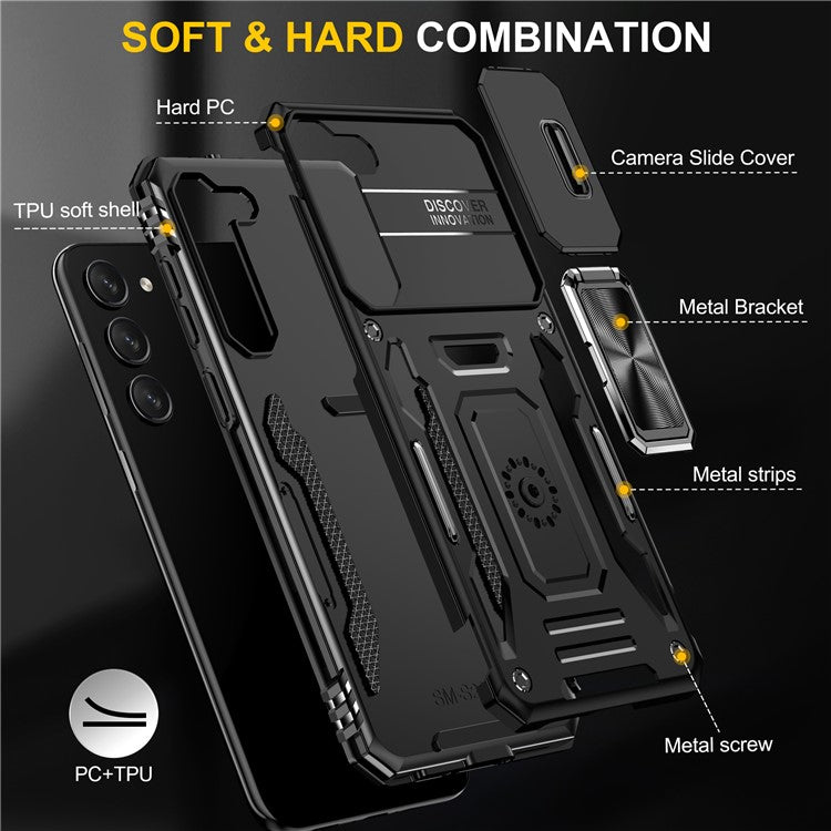 Armor Series For Samsung Galaxy S25 / S24 Case PC+TPU Shockproof Kickstand Smart Phone Back Protector with Slide Lens Lid - Black
