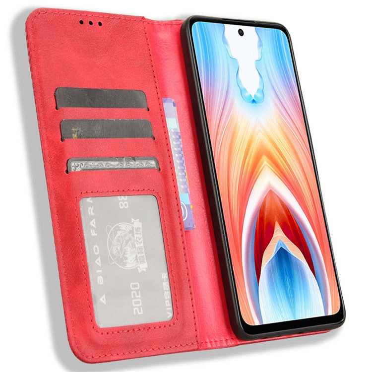 For Oppo A79 5G / A2 5G / OnePlus Nord N30 SE 5G Case Retro PU Leather Magnetic Auto Closing Wallet Cover - Red