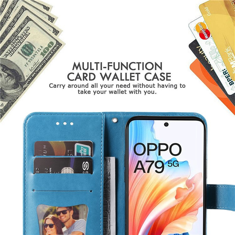 Wallet Phone Case for Oppo A79 5G / A2 5G Case Anti-Drop Imprinted PU Leather Flip Cover - Blue