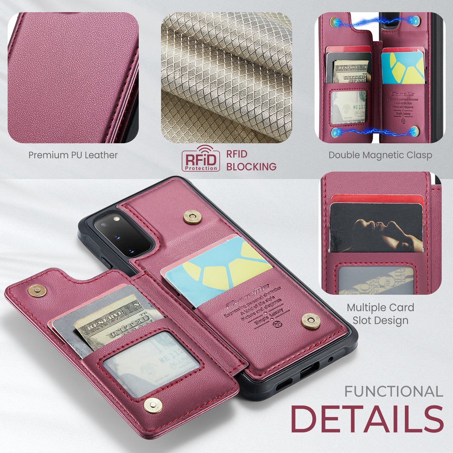 CASEME C22 Series for Samsung Galaxy S20 4G / 5G Case Card Holder Kickstand Leather+TPU Cover - Red