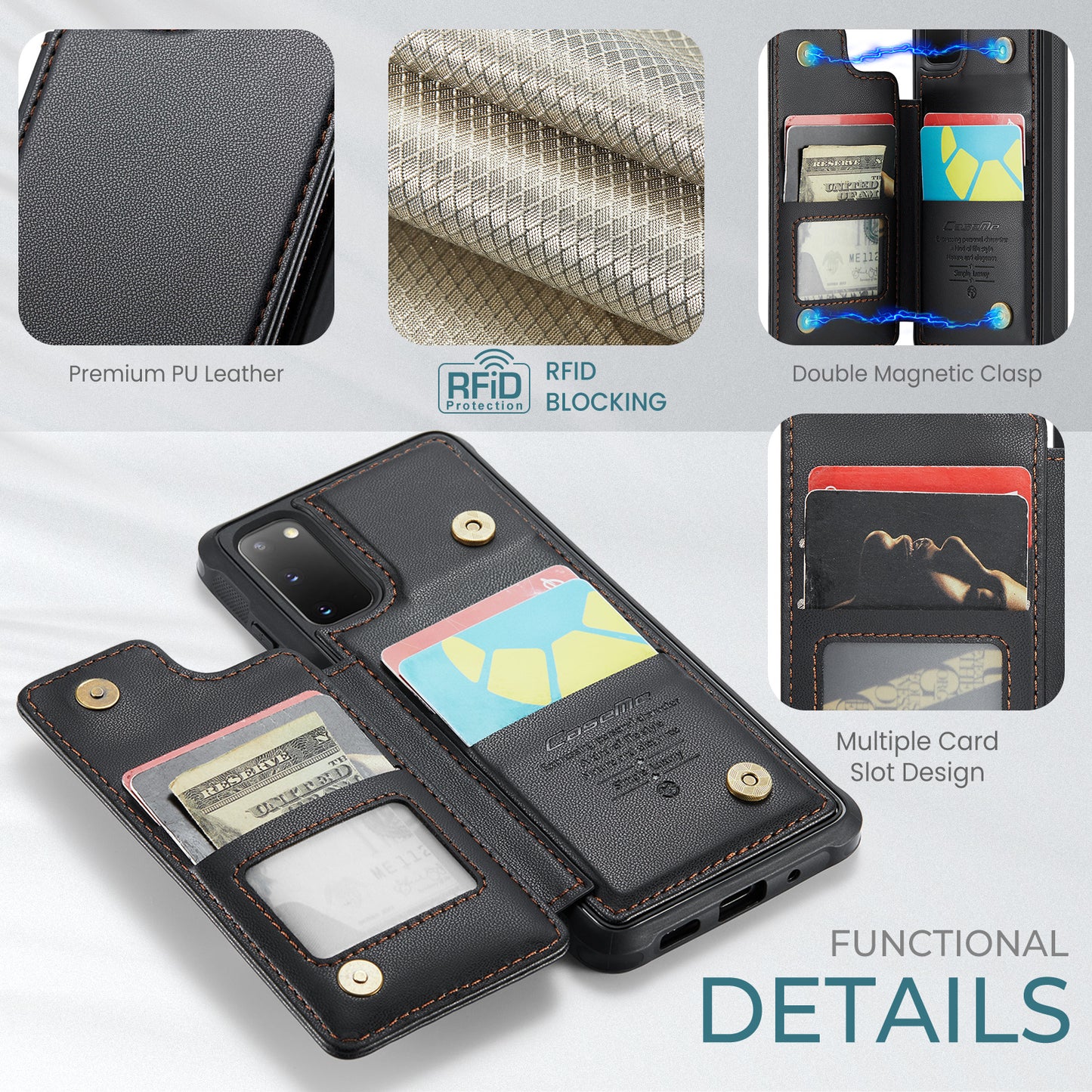 CASEME C22 Series for Samsung Galaxy S20 4G / 5G Case Card Holder Kickstand Leather+TPU Cover - Black