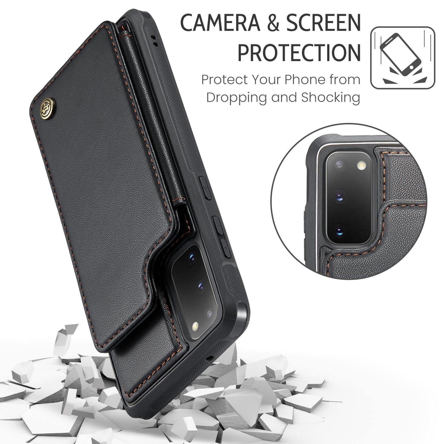 CASEME C22 Series for Samsung Galaxy S20 4G / 5G Case Card Holder Kickstand Leather+TPU Cover - Black