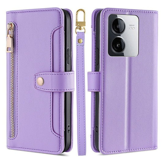 For vivo iQOO Z8x 5G / Y78t 5G Case Zipper Pocket Leather Phone Cover with 2 Straps - Purple