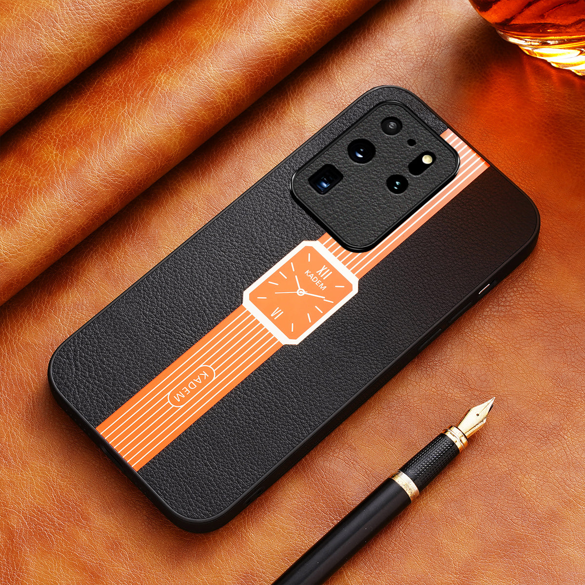 KADEM For Samsung Galaxy S20 Ultra Cover Leather+TPU+Acrylic Hybrid Shell Watch Pattern Case - Orange
