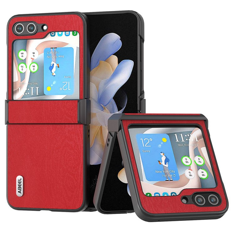 ABEEL For Samsung Galaxy Z Flip5 5G Case Wood Texture Hinge Design Leather+PC Cover - Red