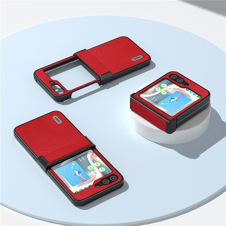 ABEEL For Samsung Galaxy Z Flip5 5G Case Wood Texture Hinge Design Leather+PC Cover - Red