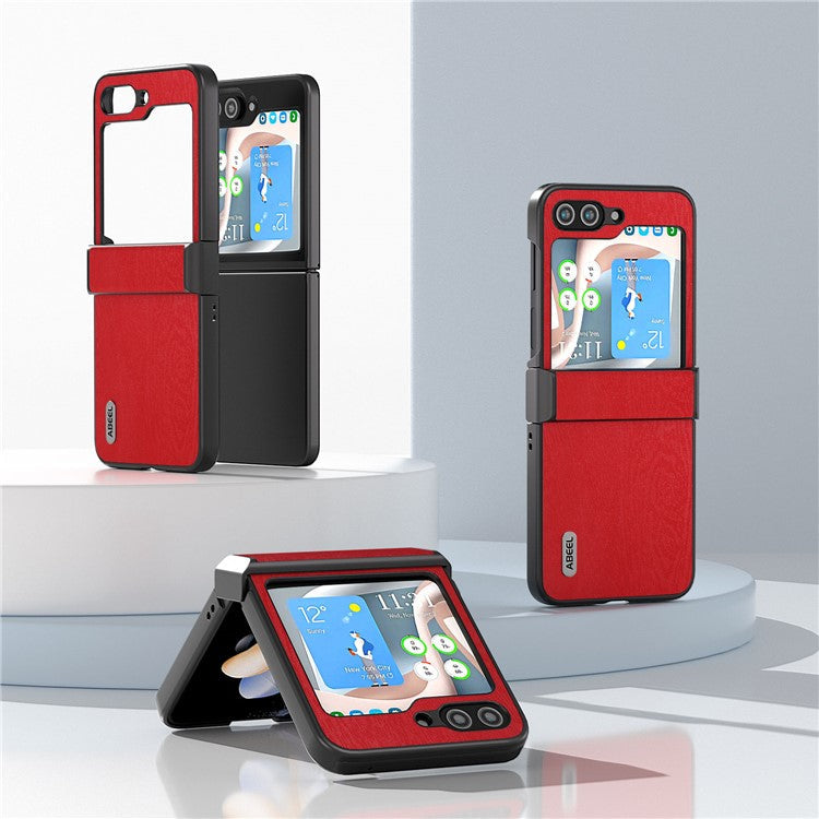 ABEEL For Samsung Galaxy Z Flip5 5G Case Wood Texture Hinge Design Leather+PC Cover - Red